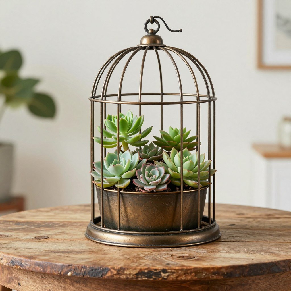 A rustic birdcage planter with succulents on a vintage table