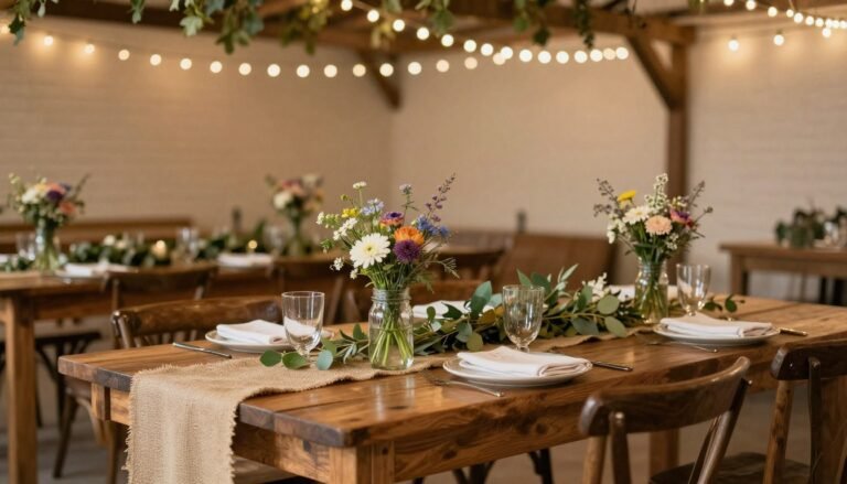 A rustic wedding venue with wooden elements, burlap accents, and natural greenery decorations