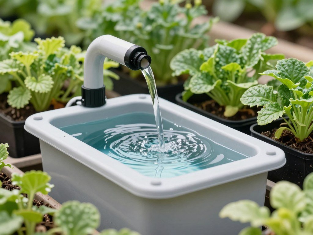 A self-watering container system with a water reservoir being filled, showing how it works to keep plants hydrated A self-watering container system with a water reservoir being filled, showing how it works to keep plants hydrated