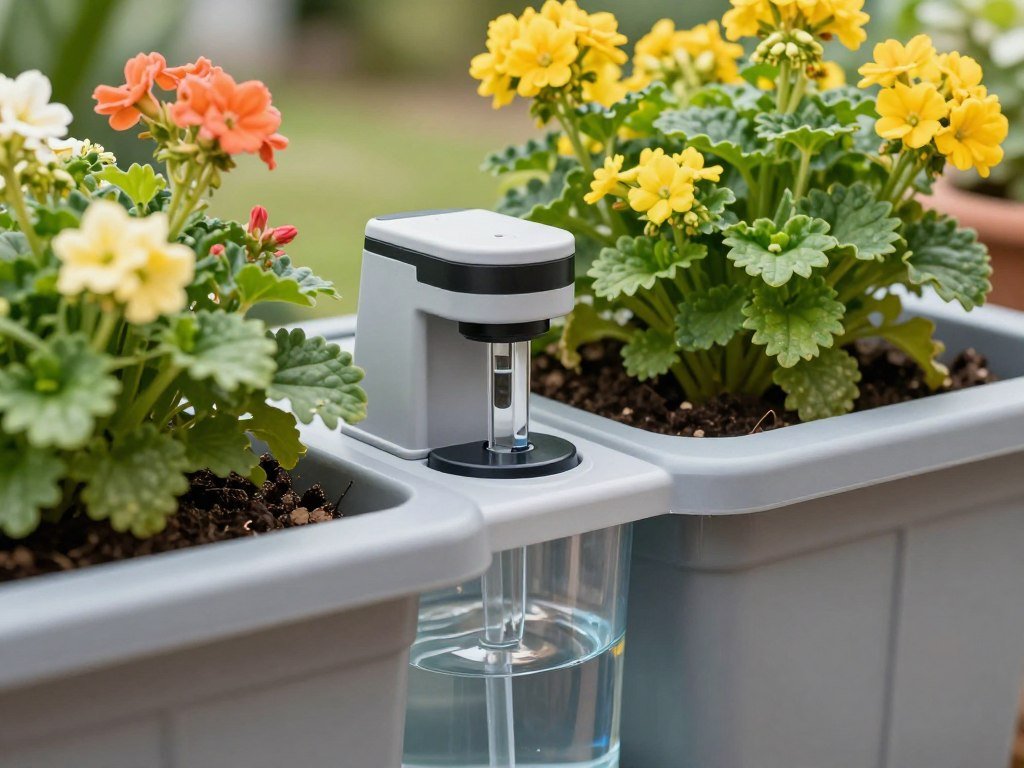 A self-watering flower planter system with visible water reservoir demonstrating efficient container gardening technology