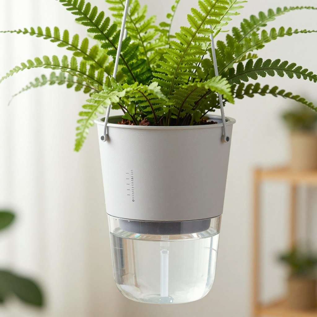 A self-watering hanging planter with a small reservoir visible at the bottom and a healthy fern growing inside