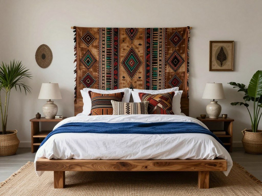 A serene afro boho bedroom with layered bedding, natural materials, and subdued lighting A serene afro boho bedroom with layered bedding, natural materials, and subdued lighting