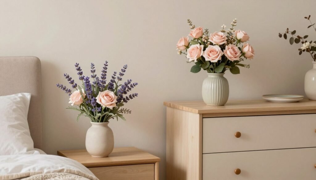 A serene bedroom with fake flowers decor on the nightstand and dresser creating a peaceful atmosphere A serene bedroom with fake flowers decor on the nightstand and dresser creating a peaceful atmosphere