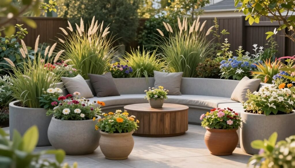 A serene garden retreat featuring a harmonious arrangement of flower planters in various sizes creating a peaceful outdoor living space