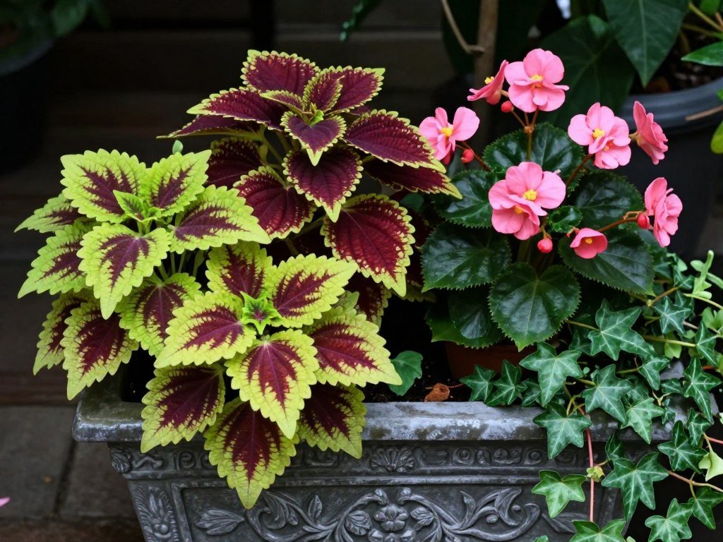 A shade-friendly planter with colorful coleus, begonias, and trailing ivy
