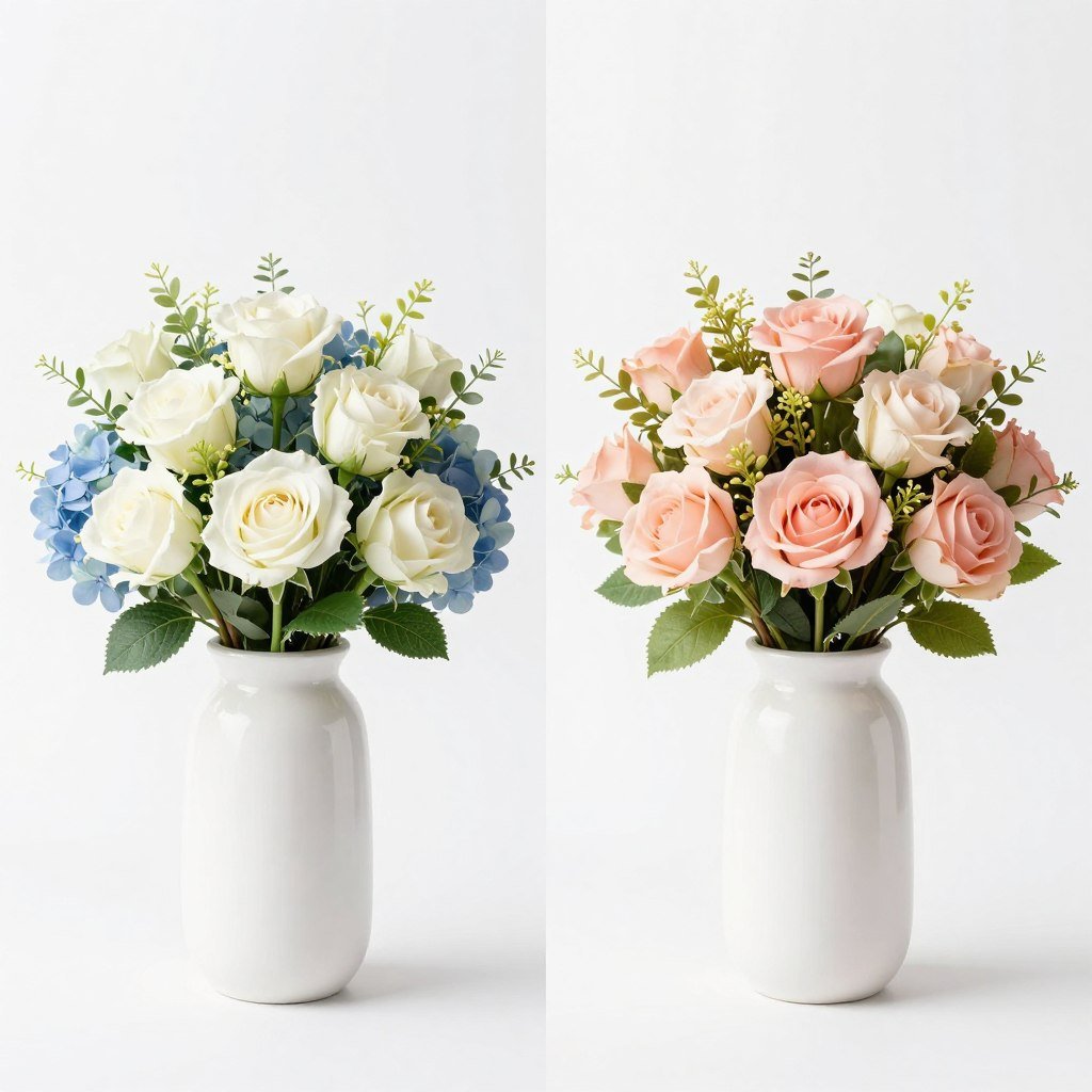 A side-by-side comparison of real and fake flowers decor showing their similar appearance but highlighting the longevity of artificial options A side-by-side comparison of real and fake flowers decor showing their similar appearance but highlighting the longevity of artificial options