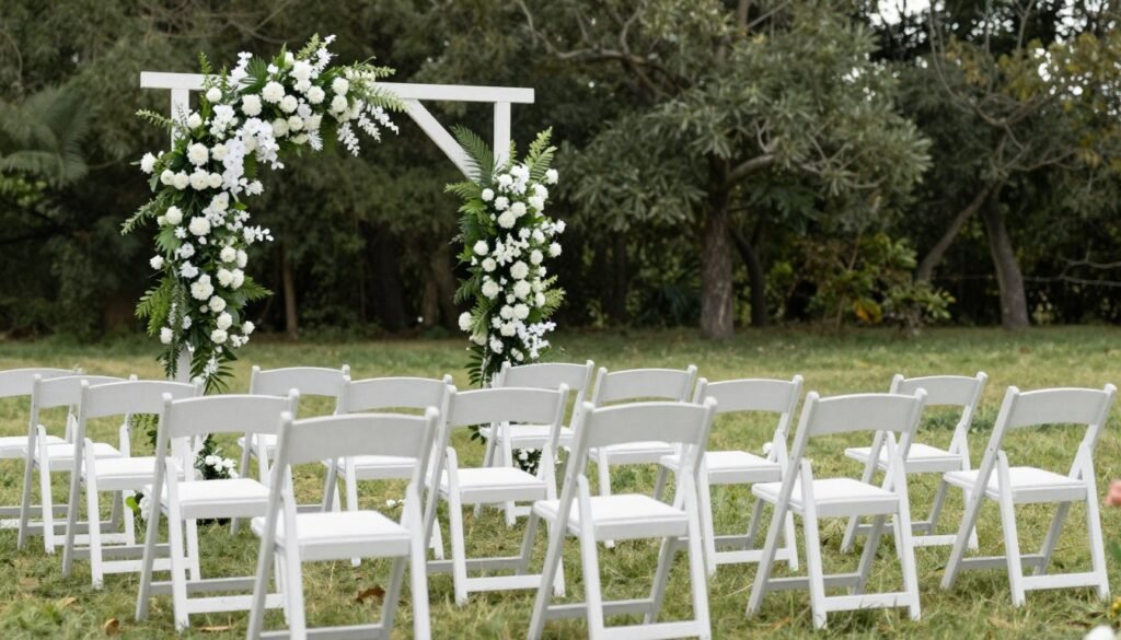 A simple wedding ceremony setup with white chairs and a floral arch A simple wedding ceremony setup with white chairs and a floral arch