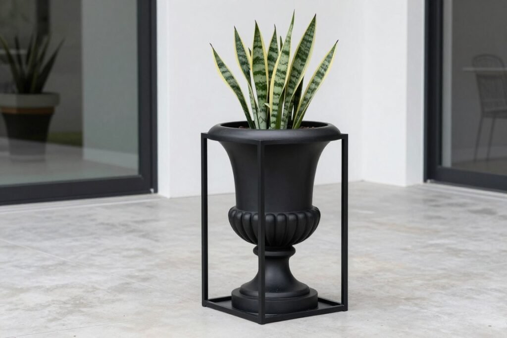 A sleek modern black urn planter with clean lines on a contemporary patio with architectural plants