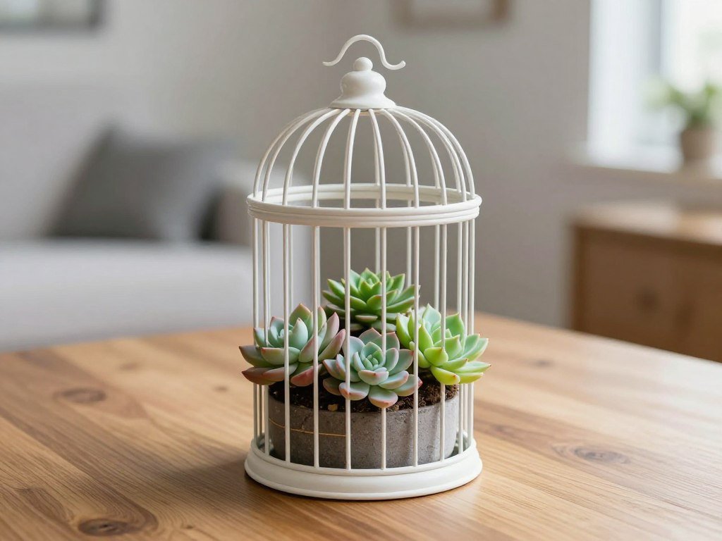 A small decorative birdcage planter with succulents as a table centerpiece