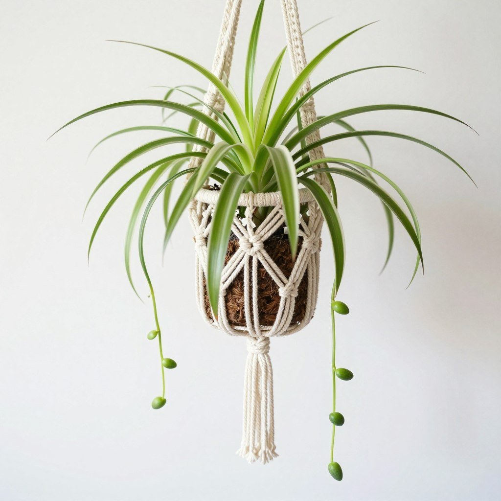 A spider plant with arching variegated leaves and small plantlets hanging from a macramé planter