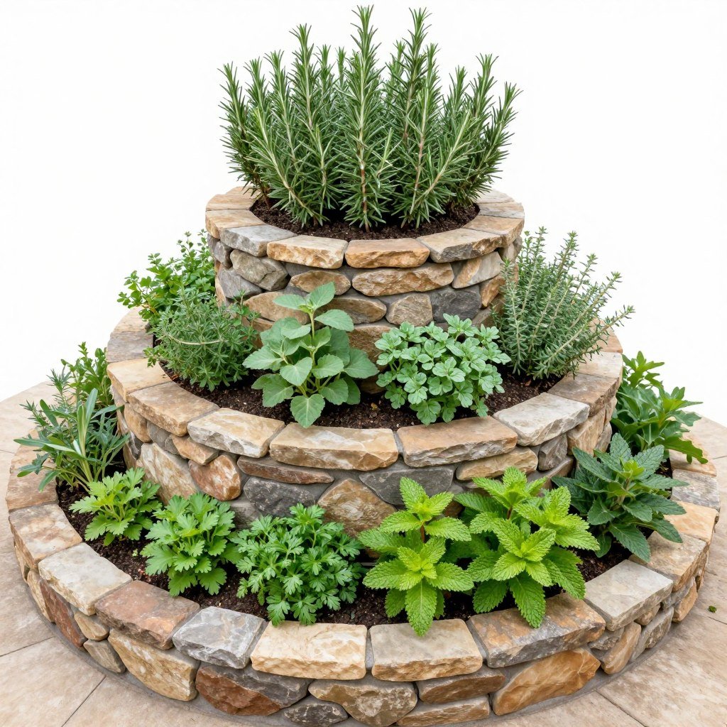 A spiral-shaped raised garden bed made of stones or bricks with different herbs planted in sections from top to bottom A spiral-shaped raised garden bed made of stones or bricks with different herbs planted in sections from top to bottom