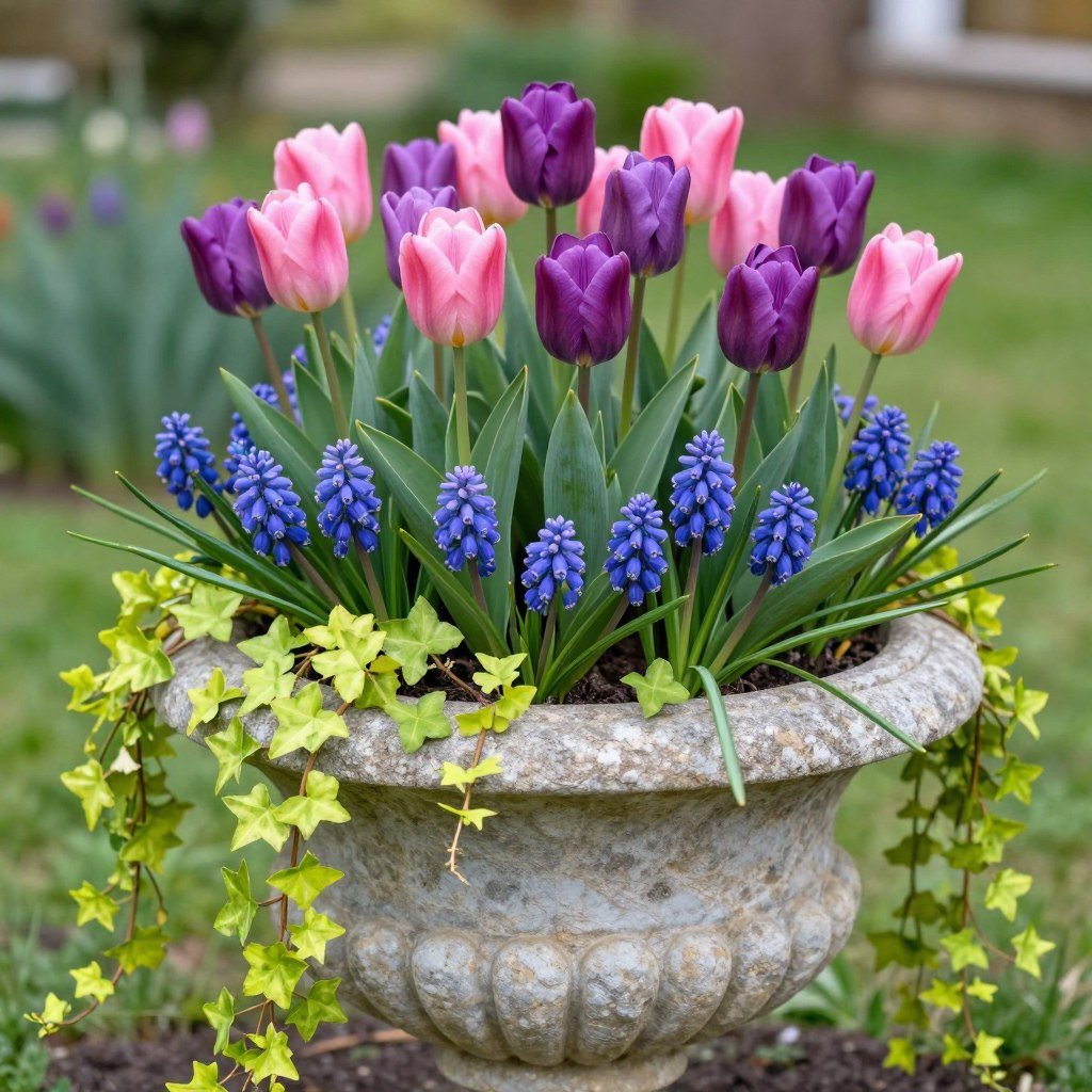 A stone urn planter filled with spring tulips, muscari, and trailing ivy in a garden setting