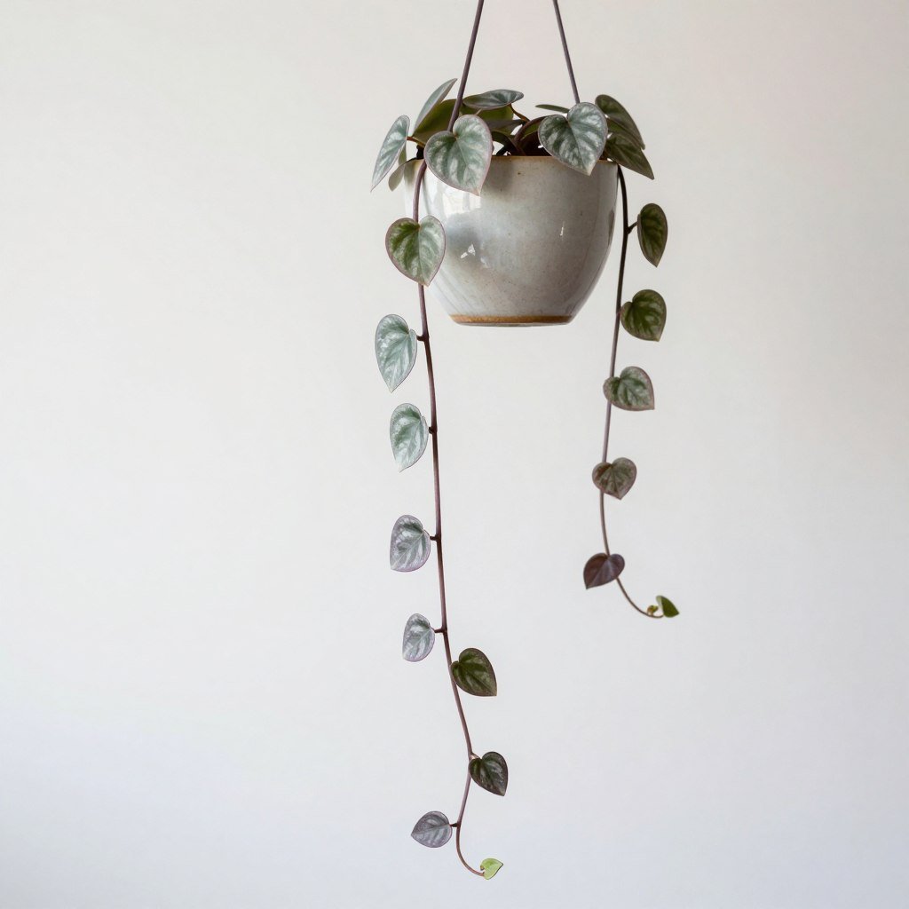 A string of hearts plant with delicate heart-shaped leaves trailing from a small hanging ceramic pot
