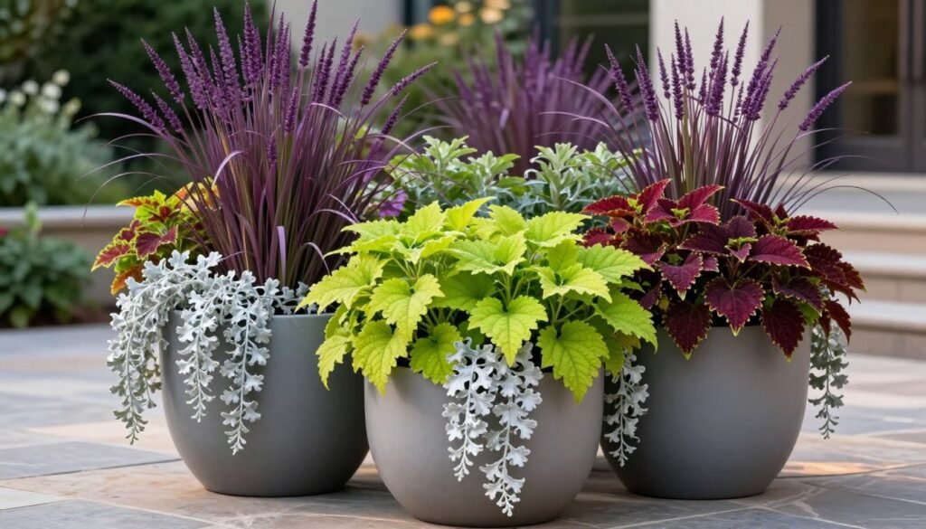 A stunning patio display featuring planters with dramatic color and texture combinations - purple fountain grass, bright coleus, and cascading silver dichondra