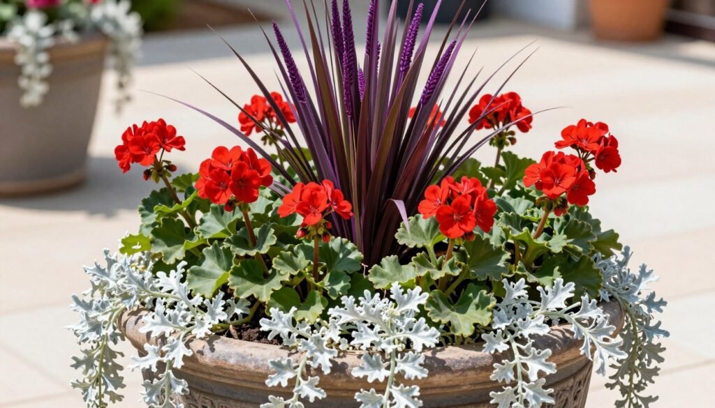 A sun-loving container garden with purple fountain grass, red geraniums, and silver dichondra