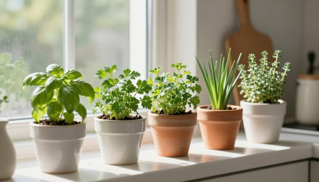 A sunny kitchen windowsill with a row of small matching pots containing different herbs, creating a tidy indoor herb garden A sunny kitchen windowsill with a row of small matching pots containing different herbs, creating a tidy indoor herb garden