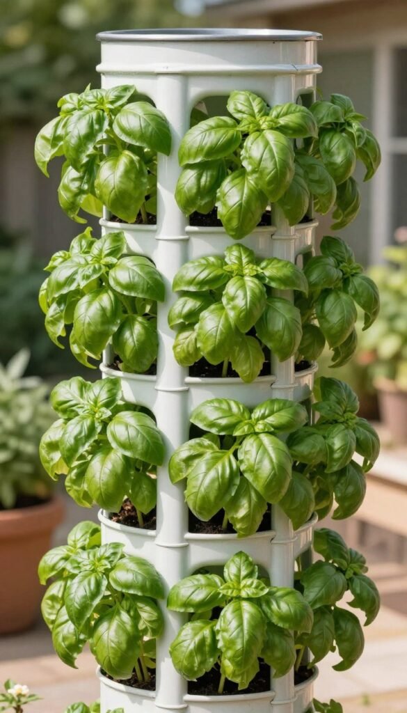 A tall cylindrical planter with multiple openings around the sides, each filled with lush basil plants creating a tower of basil A tall cylindrical planter with multiple openings around the sides, each filled with lush basil plants creating a tower of basil
