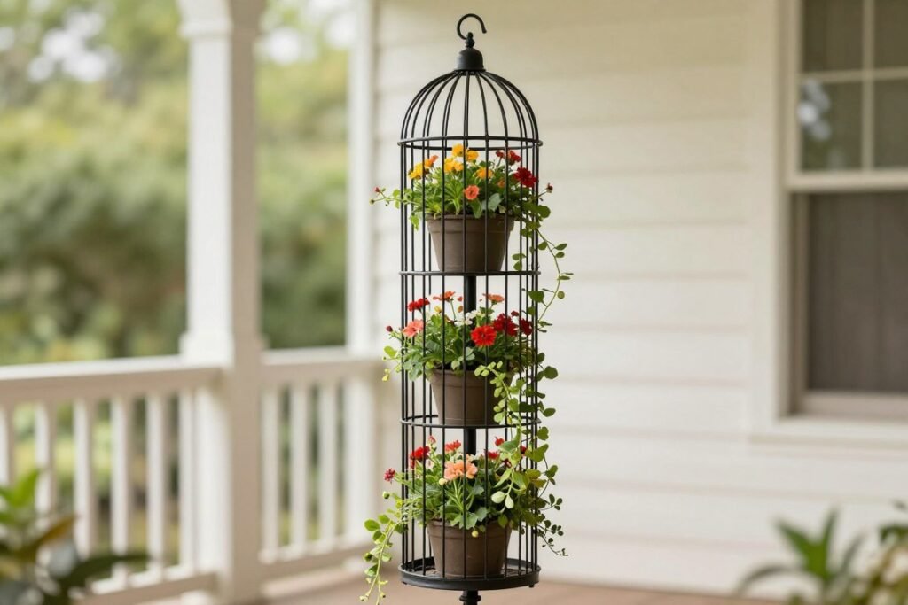 A tall standing birdcage planter with multiple flowering plants on a porch