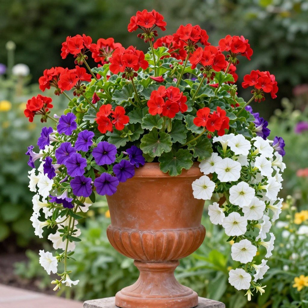 A terracotta urn planter overflowing with colorful summer annuals including geraniums and trailing petunias