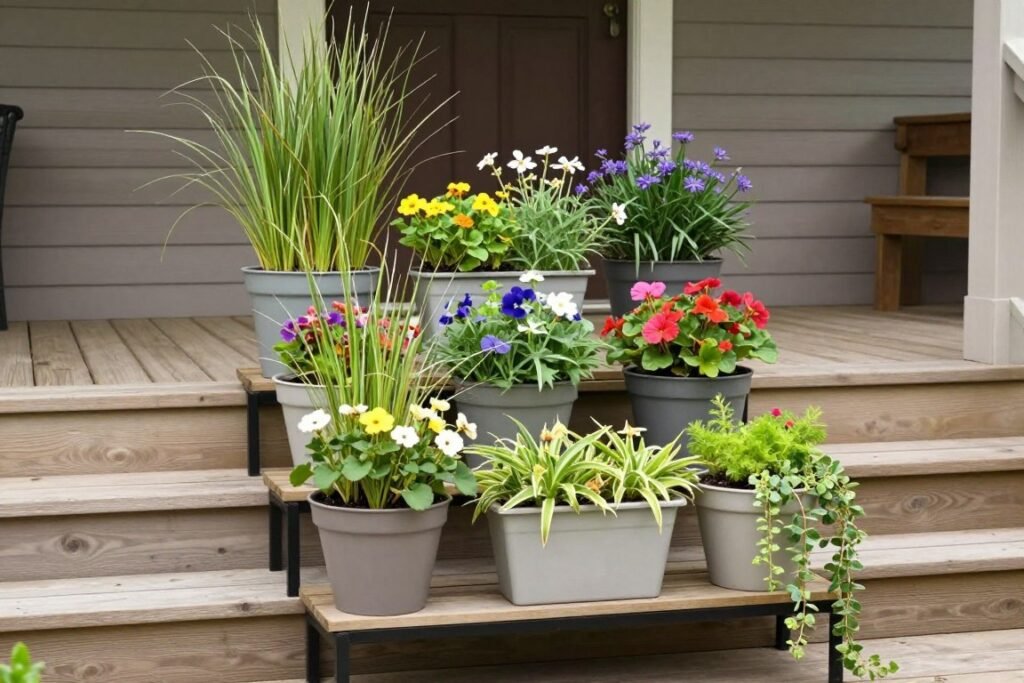 A three-tiered planter arrangement on porch steps with plants of varying heights and colors