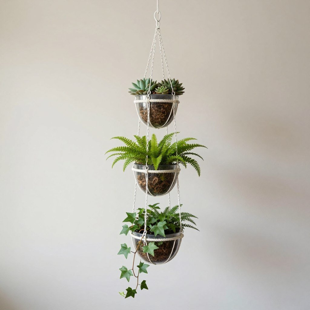 A tiered hanging planter with multiple levels showcasing different small plants cascading downward
