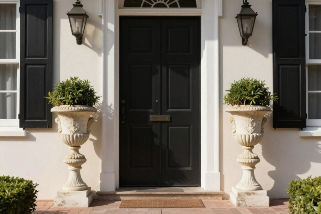 A traditional colonial home with classical urn planters that match the historical architectural style