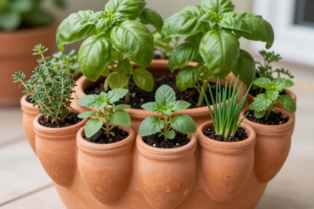 A traditional terracotta strawberry pot with multiple side pockets, each planted with different small herbs, creating a compact herb garden A traditional terracotta strawberry pot with multiple side pockets, each planted with different small herbs, creating a compact herb garden