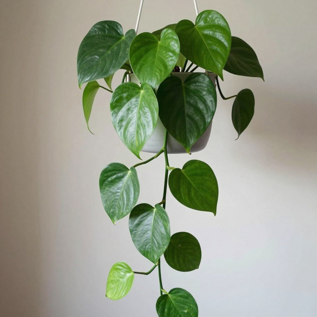 A trailing philodendron with heart-shaped leaves cascading from a modern hanging planter