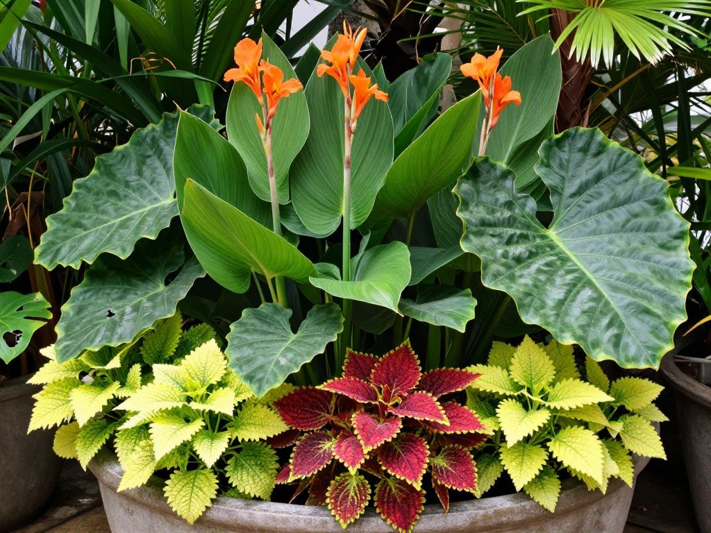 A tropical container garden featuring cannas, elephant ears, and colorful coleus in a large pot