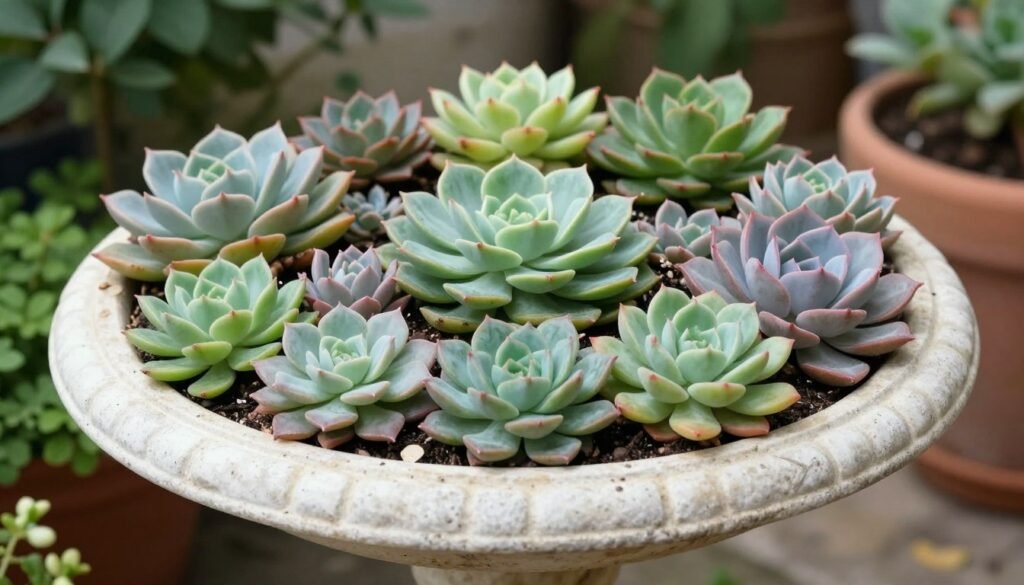 A unique planter arrangement featuring succulents in a vintage birdbath, showing creative repurposing of containers