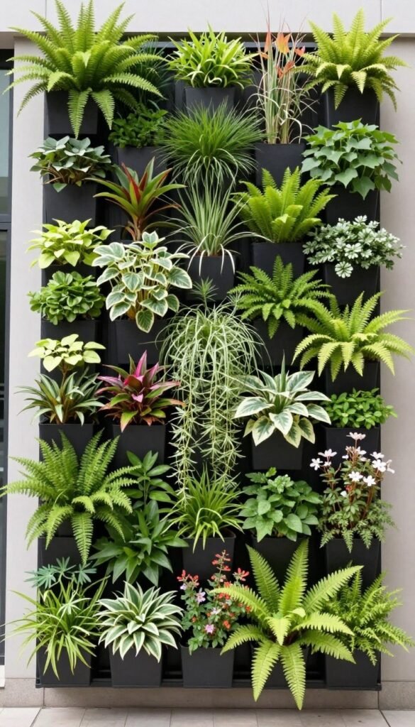A vertical garden installation on an outdoor wall with various plants creating a living wall effect