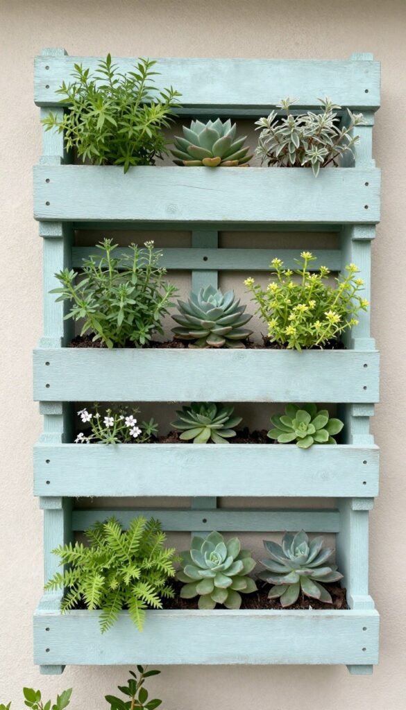 A vertical garden made from a repurposed wooden pallet mounted on a wall