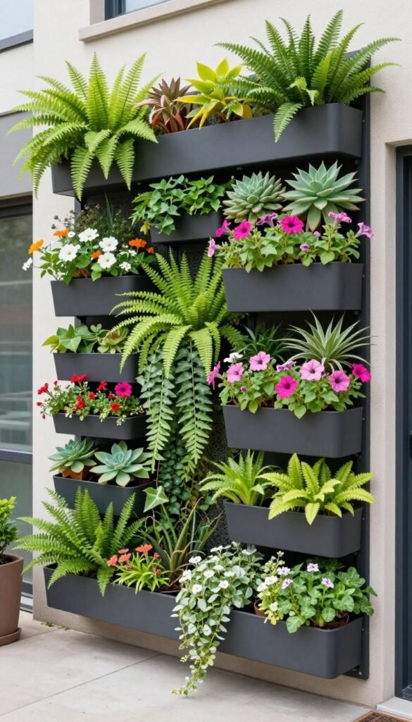 A vertical garden wall on a small patio featuring a variety of plants in wall-mounted planters with cascading flowers and foliage