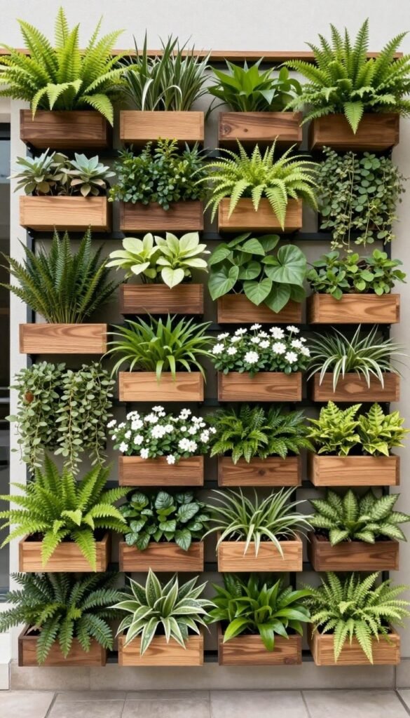 A vertical living wall with multiple planter boxes containing various plants and flowers
