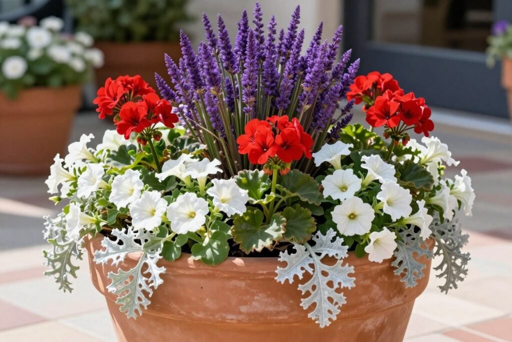 A vibrant planter arrangement featuring purple fountain grass as the thriller, red geraniums and white petunias as fillers, and silver dichondra as spillers in a terracotta pot