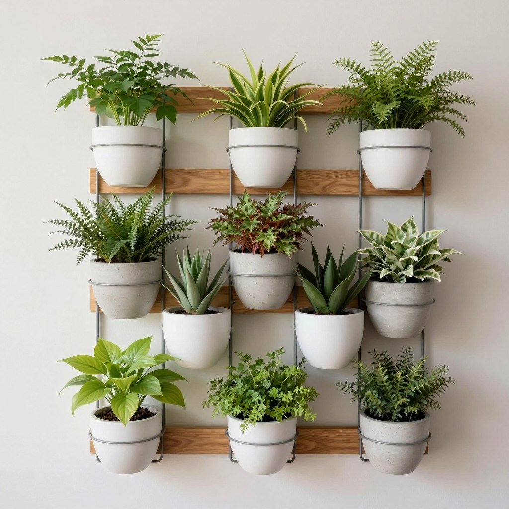 A wall-mounted hanging planter system with multiple plants arranged in a vertical garden formation
