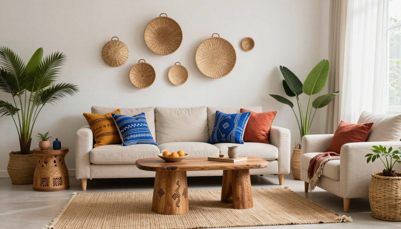 A warm living room featuring afro boho decor with woven baskets, mud cloth pillows, and wooden accents