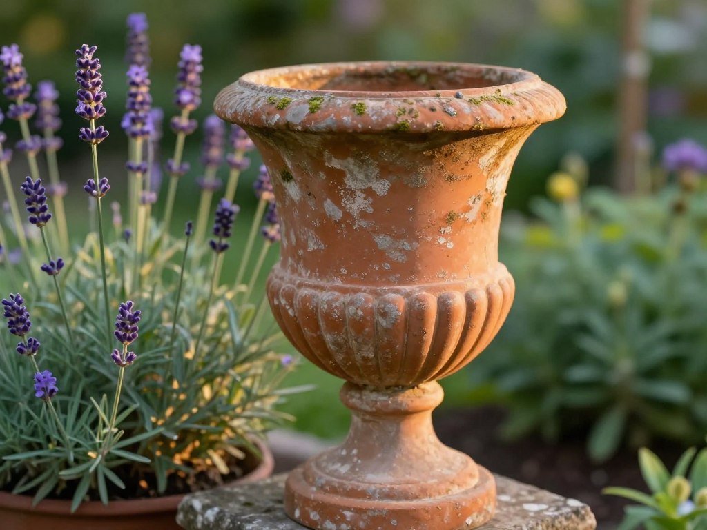 A weathered terracotta urn planter with moss patina in a cottage garden surrounded by lavender