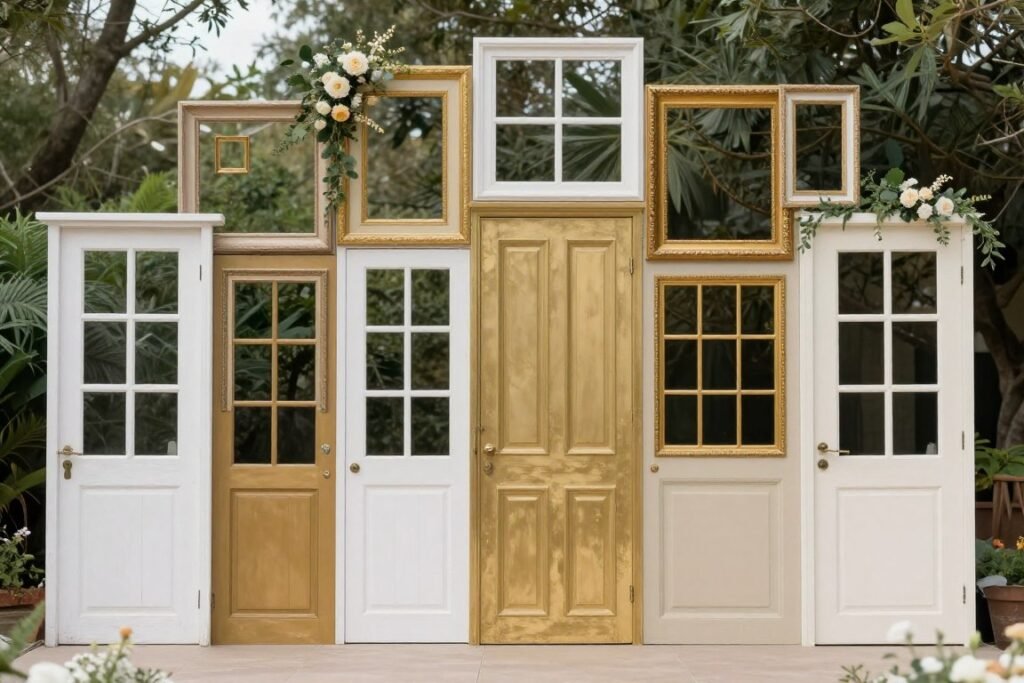 A wedding ceremony backdrop made from thrifted vintage doors, windows, and picture frames decorated with flowers A wedding ceremony backdrop made from thrifted vintage doors, windows, and picture frames decorated with flowers