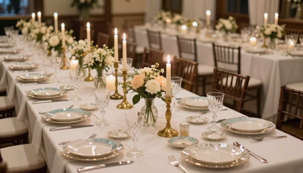 A wedding reception featuring tables decorated entirely with thrifted elements including mismatched china, crystal, and brass accents A wedding reception featuring tables decorated entirely with thrifted elements including mismatched china, crystal, and brass accents