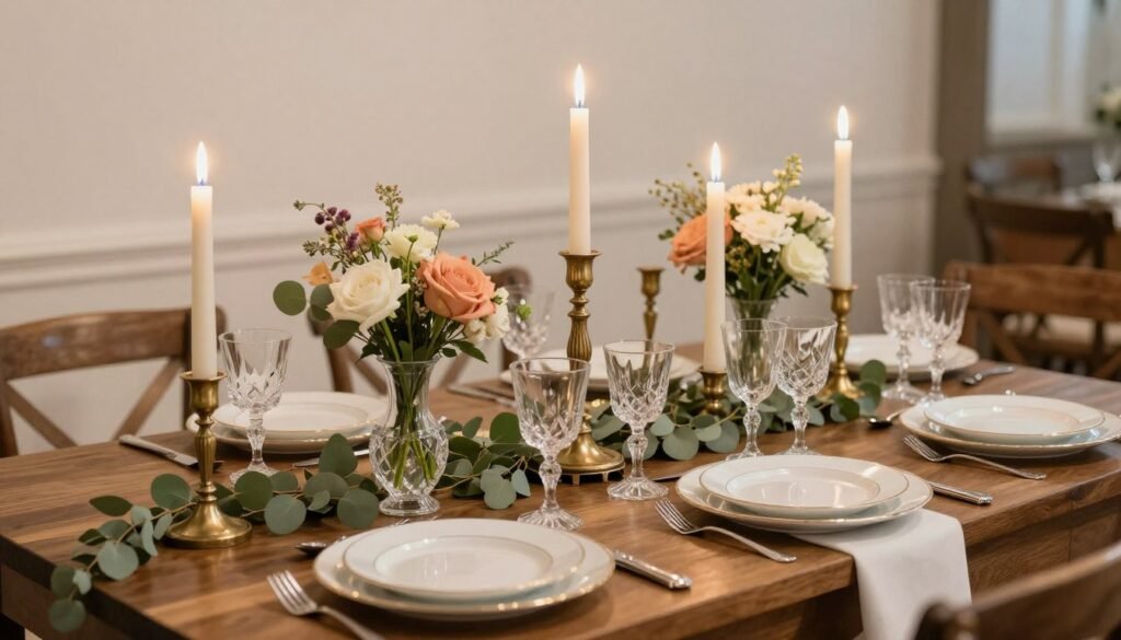 A wedding reception table featuring beautifully styled thrifted decor with fresh flowers and greenery A wedding reception table featuring beautifully styled thrifted decor with fresh flowers and greenery