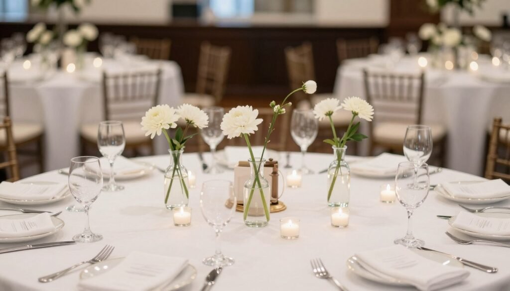 A wedding reception table with simple centerpieces of bud vases and candles A wedding reception table with simple centerpieces of bud vases and candles