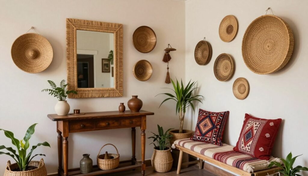 A welcoming afro boho entryway showcasing the personal, evolving nature of the style A welcoming afro boho entryway showcasing the personal, evolving nature of the style
