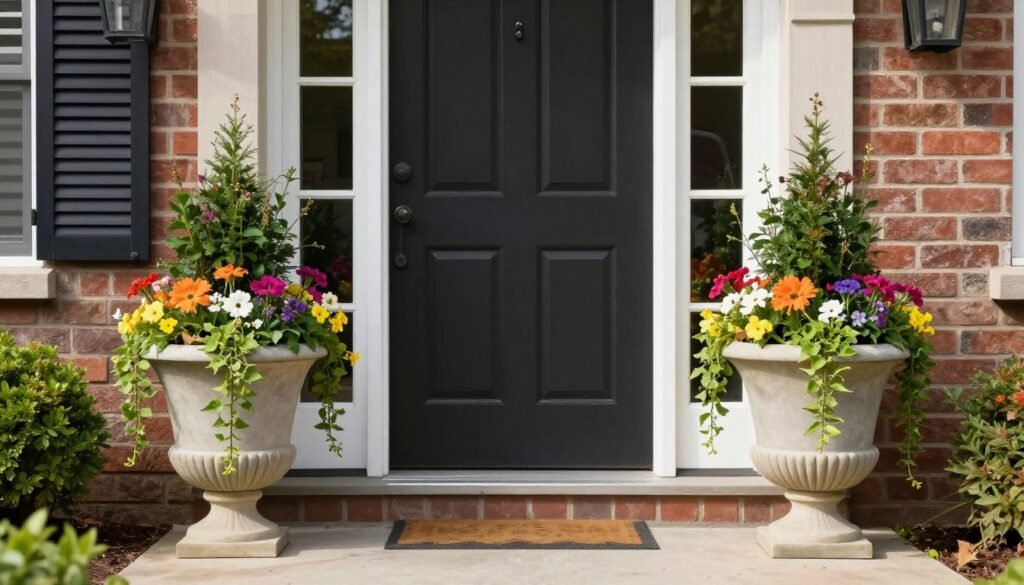 A welcoming front entrance with symmetrical flower planters flanking the doorway, creating an inviting focal point