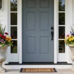 A welcoming front entrance with symmetrical front door planters filled with colorful flowers flanking a painted door