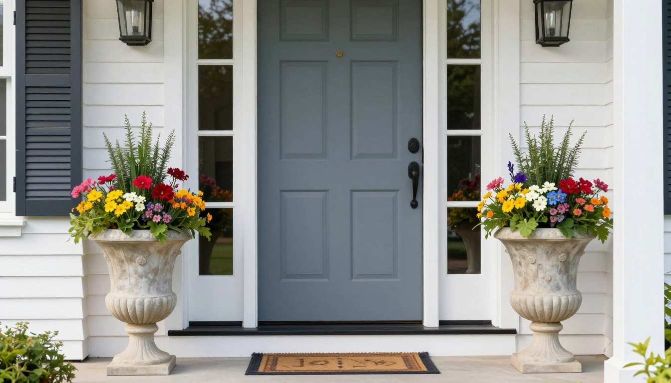 A welcoming front entrance with symmetrical front door planters filled with colorful flowers flanking a painted door