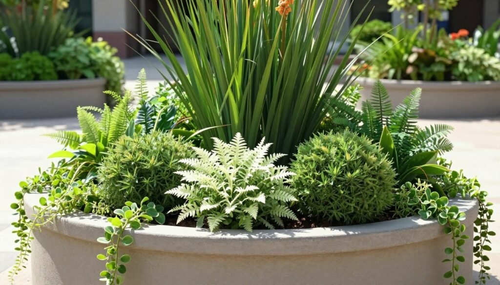 A well-designed container garden showing the thriller, filler, spiller concept with proper plant placement