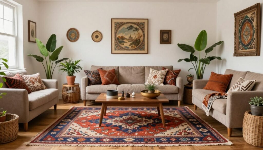 A well-styled afro boho living room showing layering techniques and balanced arrangement A well-styled afro boho living room showing layering techniques and balanced arrangement