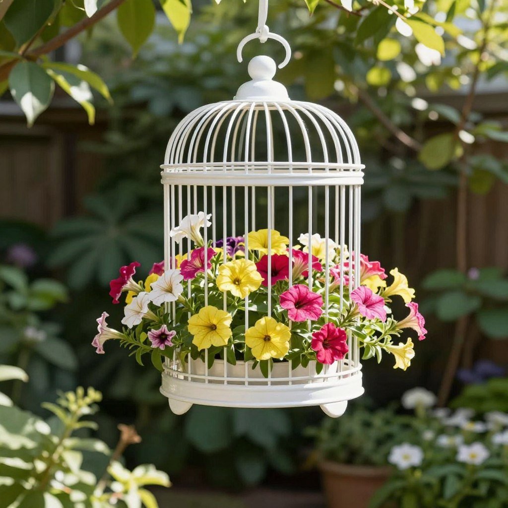 A white birdcage planter hanging in a garden with colorful petunias