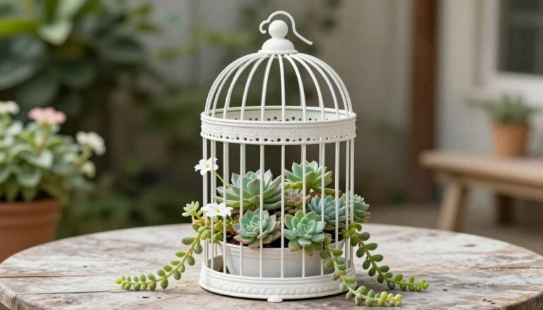 A white vintage birdcage planter with trailing succulents and flowering plants on a patio table